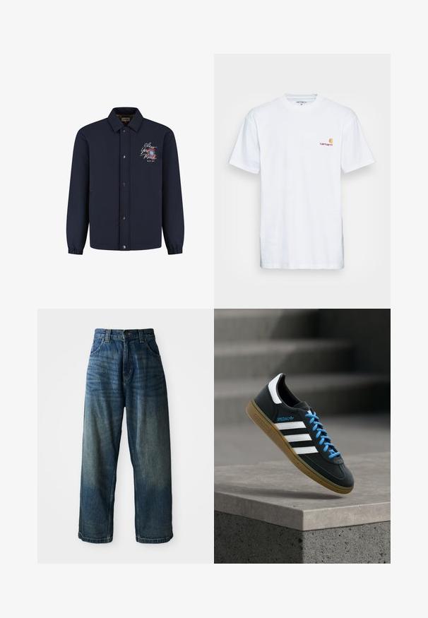 Marineblå knapjakke med krave, elastiske manchetter og broderet tekst "Clear Your Mind" med blomstermotiv på venstre bryst.; Hvid bomulds t-shirt med korte ærmer. Designet med et lille orange og maroon logo på venstre bryst. Har en klassisk rund hals.; Bredde ben blå denimjeans med en falmet finish. Har fem lommer, knaplukning og kontrasterende syninger. Tyk stof.; Sort Adidas sneaker med hvide striber, blå snørebånd og gummisål, der svæver over gråt betontrin i blødt lys.