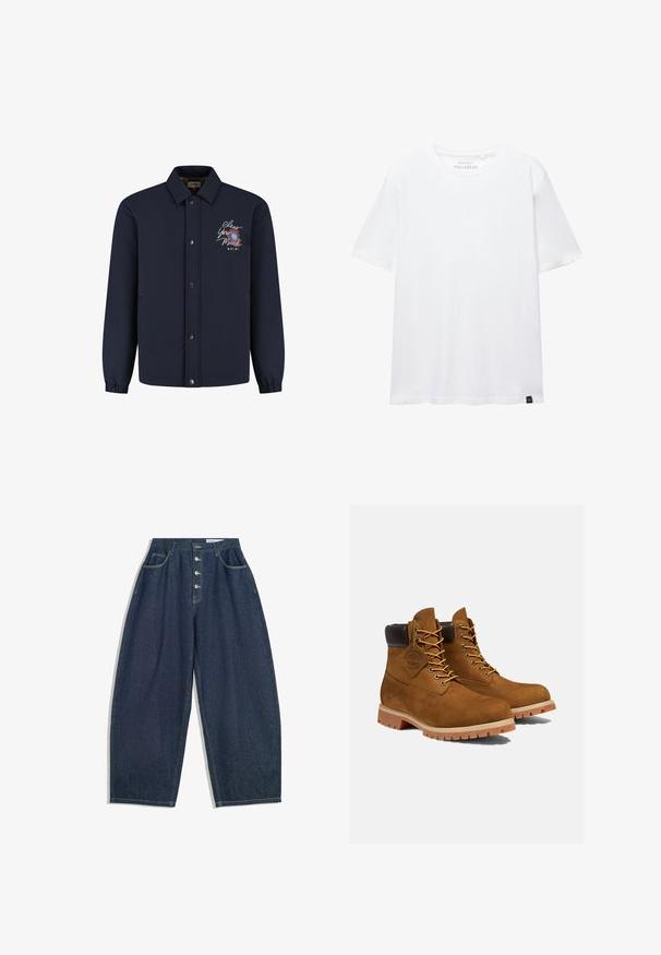 Marineblå knapjakke med krave, elastiske manchetter og broderet tekst "Clear Your Mind" med blomstermotiv på venstre bryst.; Hvid kortærmet T-shirt i almindelig pasform med rund halsudskæring og lille sort stofetiket i bundkanten.; Mørkeblå denim bukser med brede ben og høj talje, fem knaplukninger og fem lommer. Har stikninger som accent på sømmene.; Brune ruskinds ankelstøvler med en polstret sort krave, gyldne snørehuller og en tyk gummisål med en mønster, der giver godt greb.