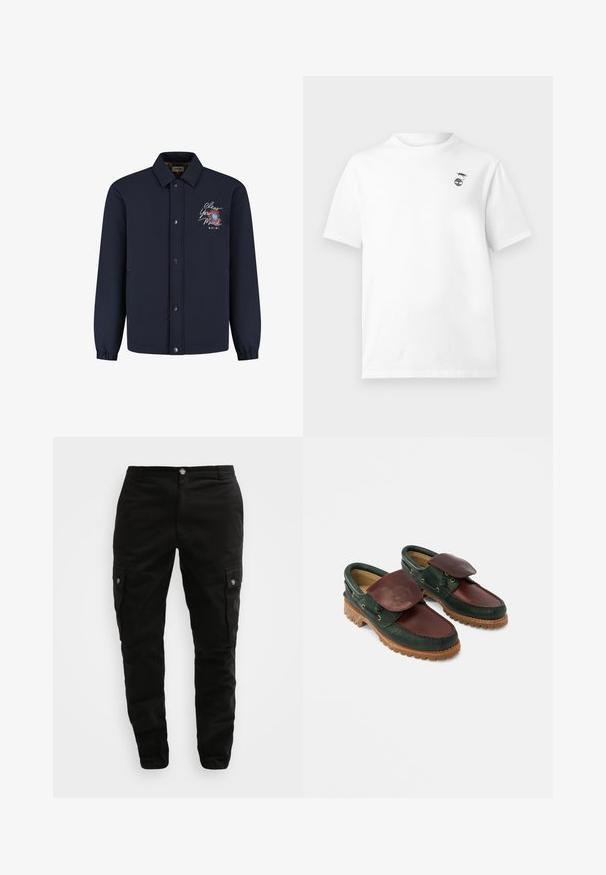Chaqueta azul marino con botones y cuello, puños elásticos y texto bordado "Clear Your Mind" con diseño floral en el lado izquierdo del pecho.; Camiseta blanca de manga corta con cuello redondo y un pequeño gráfico negro de un camarón sobre una planta en el lado izquierdo del pecho.; Pantalones cargo negros hechos de tejido resistente, con bolsillos laterales, cierre de botón y un diseño ajustado. Textura suave con detalles mínimos.; Zapatos de cuero con cuerpo verde oscuro, parte superior burdeos, puntera redonda, solapa asegurada y suela de caucho texturizada con crestas.