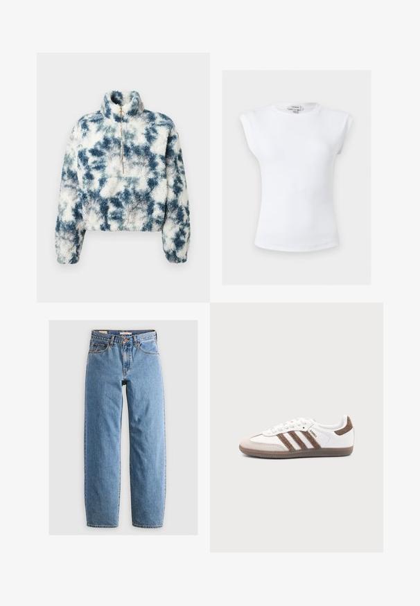 Pull en polaire bleu et blanc avec motif tie-dye, col montant, zip quart et design court. Texture douce avec une coupe boxy.; Haut blanc sans manches côtelé avec épaules rembourrées et col rond, taille petite, étiquette de marque Topshop à l'intérieur du col.; Jean en denim bleu clair avec une coupe droite, cinq poches, une fermeture éclair et une texture légèrement délavée. Style classique avec peu de matériel.; Baskets Adidas Samba blanches avec des bandes en daim marron, semelle en caoutchouc marron et bout en daim beige, vues du côté extérieur sur un fond uni.