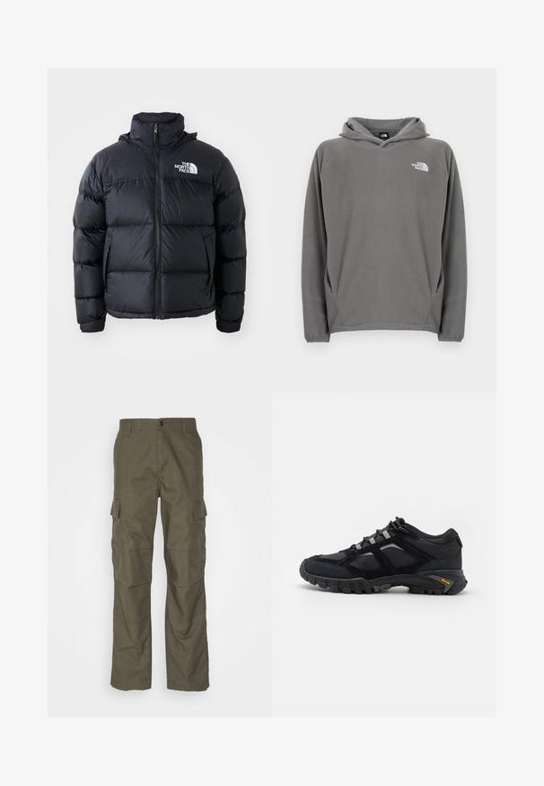 Schwarze Pufferjacke mit Reißverschluss, gepolsterten Abschnitten, hohem Kragen und dem The North Face-Logo in der oberen linken Ecke. Glatte Textur, keine sichtbaren Muster.; Grauer Fleece-Kapuzenpullover mit Fronttasche, verstellbarem Kordelzug an der Kapuze und kleinem weißem Logo auf der linken Brustseite.; Olivefarbene Cargo-Hose mit geradem Schnitt, aus strukturiertem Stoff. Verfügt über große Seitentaschen und einen Knopfverschluss.; Schwarzer Outdoor-Schuh aus Wildleder und Mesh mit robuster Sohle. Verfügt über graue Akzente und Vibram-Branding an der Seite. Schnürdesign.