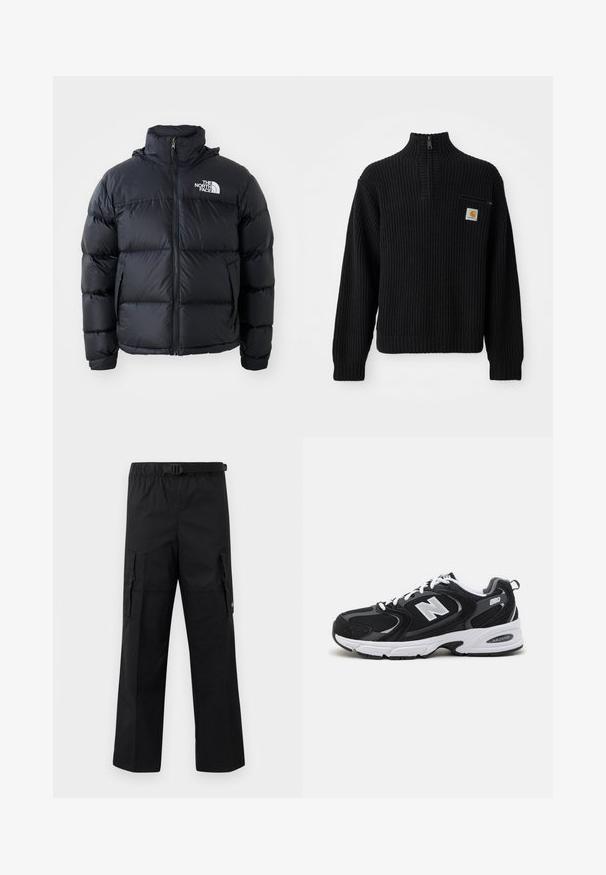 Schwarze Pufferjacke mit Reißverschluss, gepolsterten Abschnitten, hohem Kragen und dem The North Face-Logo in der oberen linken Ecke. Glatte Textur, keine sichtbaren Muster.; Schwarzer gerippter Strickpullover mit hohem Kragen, halbem Reißverschluss und einer kleinen Brusttasche mit Logo. Lange Ärmel und strukturierter Stoff.; Schwarze Cargo-Hosen mit weitem Schnitt, verstellbarem Bund mit Schnalle und zwei Seitentaschen zur Aufbewahrung. Leichtes Material.; Schwarze und graue Sportschuhe mit Obermaterial aus Mesh und Wildleder, ausgestattet mit einer weißen Zwischensohle, Schnürsenkeln und einem markanten "N"-Logo an der Seite.
