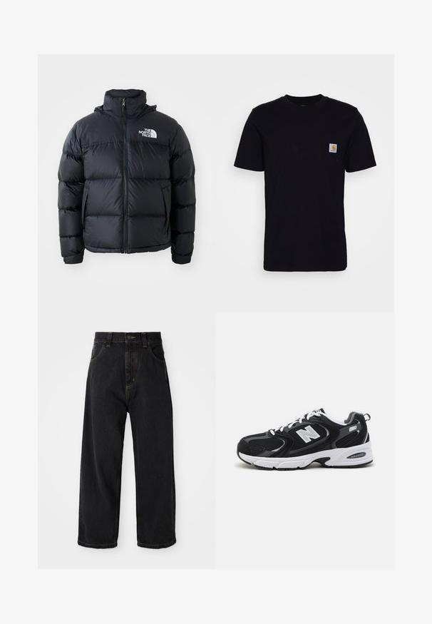 Čierna prešívaná bunda s uzáverom na zips, vypchanými časťami, vysokým golierom a logom The North Face na ľavom hornom rohu. Hladká textúra, bez viditeľných vzorov.; Čierne bavlnené tričko s krátkymi rukávmi, okrúhlym výstrihom a náprsného vrecka s malou, štvorcovou nášivkou loga. Jednoduchý, jednoliaty dizajn.; Čierne denimové nohavice s širokými nohavicami a vysokým pásom, predným gombíkom, zipsom a žltým prešívaním na vreckách a švoch.; Čierne a šedé športové topánky s hornou časťou z mikrovlákna a zamatu, s bielou medzipodrážkou, šnúrkami a výrazným logom "N" na boku.