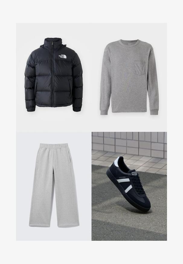 Schwarze Pufferjacke mit Reißverschluss, gepolsterten Abschnitten, hohem Kragen und dem The North Face-Logo in der oberen linken Ecke. Glatte Textur, keine sichtbaren Muster.; Graues Langarm-T-Shirt mit Rundhalsausschnitt, ausgestattet mit einer Brusttasche und gerippten Bündchen. Hergestellt aus weichem, leichtem Baumwollmaterial.; Hellgraue Sweatpants mit weitem Bein, elastischem Bund und Seitentaschen, auf einem einfarbigen Hintergrund gezeigt.; Schwarze Leder-Sneaker mit weißen Streifen, strukturiertem Gummisohle und Schnürung. Verfügt über ein Markenetikett auf der Zunge.