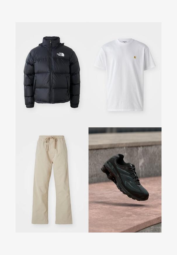 Čierna prešívaná bunda s uzáverom na zips, vypchanými časťami, vysokým golierom a logom The North Face na ľavom hornom rohu. Hladká textúra, bez viditeľných vzorov.; Biele bavlnené tričko s krátkymi rukávmi, okrúhlym výstrihom, s malým zlatým logom na ľavej strane hrude. Mäkká textúra a normálny strih.; Béžové bavlnené nohavice s elastickým pásom a šnúrkou na stiahnutie. Rovný strih, hladká textúra a žiadne viditeľné vzory ani akcenty.; Čierna atletická teniska s viditeľnou medzipodrážkou s air cushioning, ktorá visí nad ružovým kamenným povrchom s pozadím sivej kamennej steny.