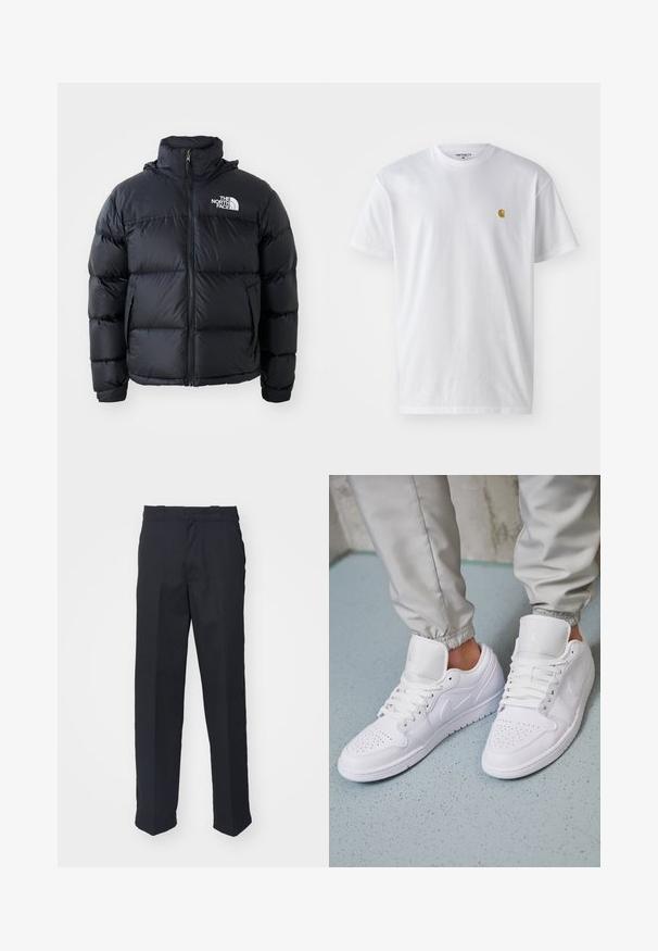 Čierna prešívaná bunda s uzáverom na zips, vypchanými časťami, vysokým golierom a logom The North Face na ľavom hornom rohu. Hladká textúra, bez viditeľných vzorov.; Biele bavlnené tričko s krátkymi rukávmi, okrúhlym výstrihom, s malým zlatým logom na ľavej strane hrude. Mäkká textúra a normálny strih.; Čierne upravené nohavice so strihom rovného nohavice, vyrobené z hladkej tkaniny, so pásom s očkami a bez viditeľných vzorov alebo kovových prvkov.; Biele kožené tenisky majú perforovaný špičku, ploché šnúrky, polstrovaný golier a logo Jordana na jazyku. Nosia sa s šedými joggermi.