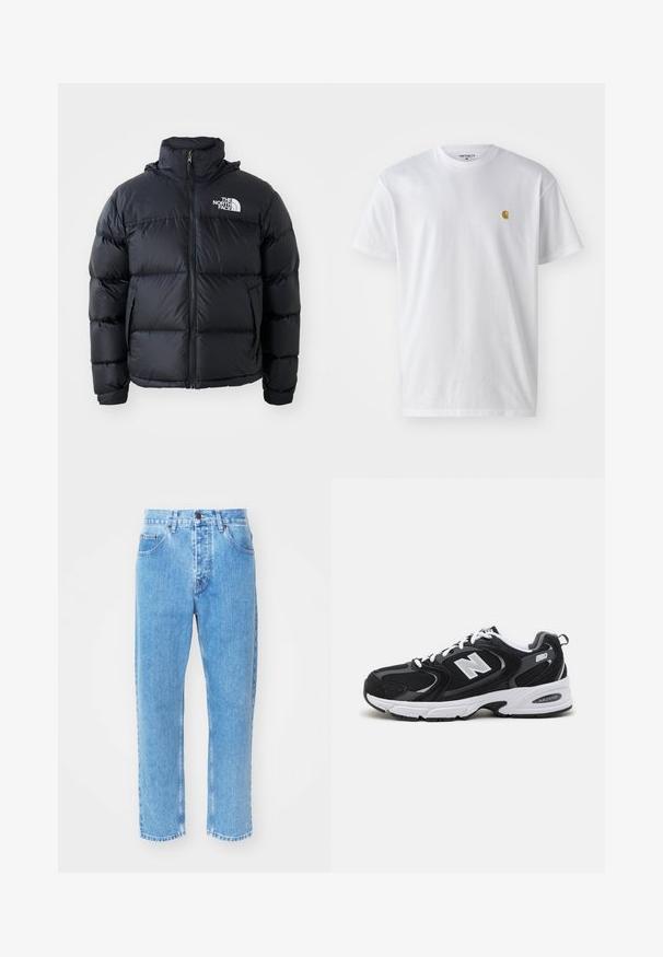 Schwarze Pufferjacke mit Reißverschluss, gepolsterten Abschnitten, hohem Kragen und dem The North Face-Logo in der oberen linken Ecke. Glatte Textur, keine sichtbaren Muster.; Weißes Baumwoll-T-Shirt mit kurzen Ärmeln, Rundhalsausschnitt, mit einem kleinen goldenen Logo im linken Brustbereich. Weicher Stoff und normale Passform.; Hellblaue Denim-Jeans verfügen über ein gerades Bein-Design, fünf Taschen und einen klassischen Knopfverschluss am Bund.; Schwarze und graue Sportschuhe mit Obermaterial aus Mesh und Wildleder, ausgestattet mit einer weißen Zwischensohle, Schnürsenkeln und einem markanten "N"-Logo an der Seite.