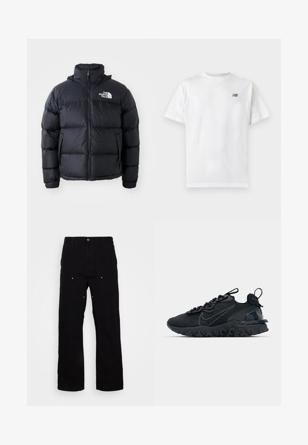 Schwarze Pufferjacke mit Reißverschluss, gepolsterten Abschnitten, hohem Kragen und dem The North Face-Logo in der oberen linken Ecke. Glatte Textur, keine sichtbaren Muster.; Weißes T-Shirt mit kurzen Ärmeln und Rundhalsausschnitt mit kleinem schwarzem New Balance-Logo auf der oberen linken Brust auf einem einfarbigen hellen Hintergrund.; Schwarze Denim-Hosen mit geradem Bein, ausgestattet mit goldenen Hardware-Akzenten und sichtbaren Nähten an den Vorder- und Gesäßtaschen.; Schwarzer Sportschuh mit atmungsaktivem Mesh-Obermaterial, strukturierten Akzenten und einer wellenförmigen Gummisohle. Verfügt über ein reflektierendes Logo und ein Schnürsystem.