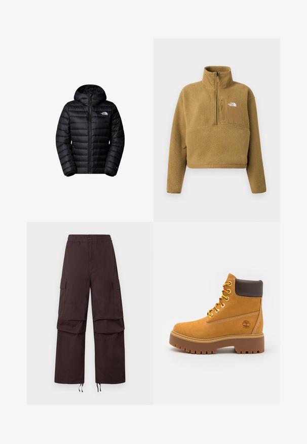 Sort isoleret jakke med hætte, der har lynlås lukning, quiltet design og logo detaljer. Slankt materiale med ribbede mansjetter.; Tan fleece pullover med halv lynlås i kraven, frontlomme og elastisk kant; har en blød, struktureret overflade og en hvid logoaccent.; Mørkebrun cargo bukser med elastisk talje, to sidelommer og snøre i kanten. Fremstillet af slidstærkt stof med en afslappet pasform.; Tan vandtæt ankelstøvle med en robust gummisål, rund tå, brun læderkrave, gule snørebånd og et logo på siden.