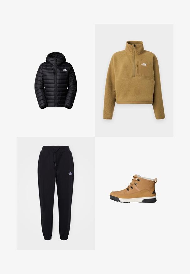 Mustad isolatsiooniga must jope kapuutsiga, varustatud tõmblukuga, tikandiga disain ja logo aktsendid. Sujuv materjal ribakäistega.; Beežikarva fliisist pullover poolluku kaelusega, ees tasku ja elastne ääreosa; iseloomustab pehme, tekstuuriga pind ja valge logo aktsent.; Mustad musta värvi jooksupüksid elastse vöökoha ja mansettidega, stringi sidumise võimalus, küljetaskud ja väike valge The North Face logo paremal reiel.; Kollane pahklu saapad tekstuurse naha pealisosaga, fliisvooder, ümmargused nöörid ja kummist välistald, millel on must ja valge disain.