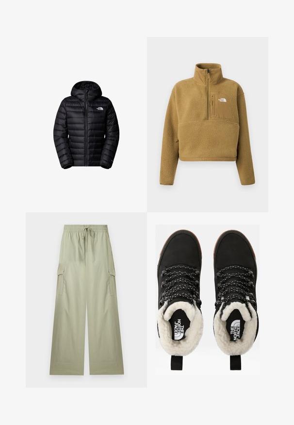 Sort isoleret jakke med hætte, der har lynlås lukning, quiltet design og logo detaljer. Slankt materiale med ribbede mansjetter.; Tan fleece pullover med halv lynlås i kraven, frontlomme og elastisk kant; har en blød, struktureret overflade og en hvid logoaccent.; Lysegrønne cargobukser med vide ben, elastisk talje og snørre, med sidelommer med klap og en afslappet pasform.; Sorte vandtætte ankelstøvler med for af faux pels, tekstureret stof, snørebånd med hvidt og sort mønster samt en løkker ved hælen.