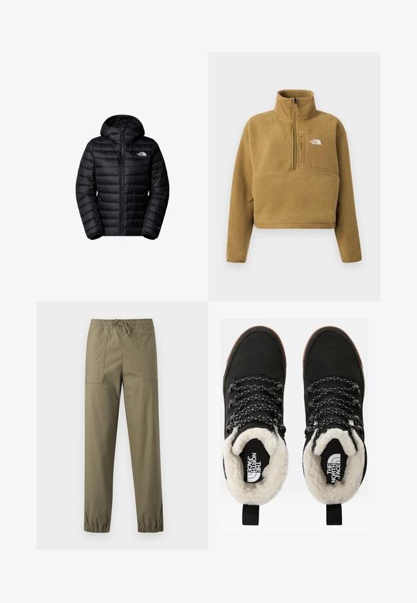 Sort isoleret jakke med hætte, der har lynlås lukning, quiltet design og logo detaljer. Slankt materiale med ribbede mansjetter.; Tan fleece pullover med halv lynlås i kraven, frontlomme og elastisk kant; har en blød, struktureret overflade og en hvid logoaccent.; Olivengrønne bukser lavet af et glat stof med elastisk taljebånd, justerbar snor og elastiske manchetter ved anklerne.; Sorte vandtætte ankelstøvler med for af faux pels, tekstureret stof, snørebånd med hvidt og sort mønster samt en løkker ved hælen.