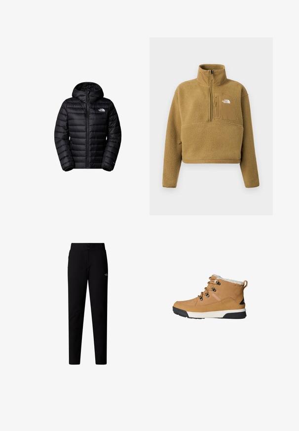 Mustad isolatsiooniga must jope kapuutsiga, varustatud tõmblukuga, tikandiga disain ja logo aktsendid. Sujuv materjal ribakäistega.; Beežikarva fliisist pullover poolluku kaelusega, ees tasku ja elastne ääreosa; iseloomustab pehme, tekstuuriga pind ja valge logo aktsent.; The North Face W QUEST SOFTSHELL PANTS - Püksid - tnf black; Kollane pahklu saapad tekstuurse naha pealisosaga, fliisvooder, ümmargused nöörid ja kummist välistald, millel on must ja valge disain.