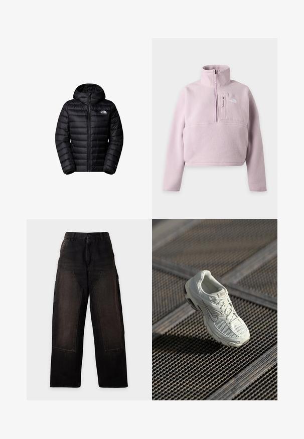 Schwarze isolierte Jacke mit Kapuze, ausgestattet mit einem Reißverschluss, gesteppter Optik und Logopatches. Elegantes Material mit Rippbündchen.; Hellvioletter Fleece-Pullover mit langen Ärmeln, Stehkragen, Viertel-Reißverschluss und Brusttasche mit The North Face-Logo.; Schwarze Hosen mit weitem Bein, großen aufgesetzten Vordertaschen und Gürtelschlaufen, vor einem schlichten hellen Hintergrund präsentiert.; Weiße Nike-Laufschuhe mit Mesh- und synthetischem Obermaterial, die auf einem Metallgittersockel im sanften natürlichen Licht liegen.