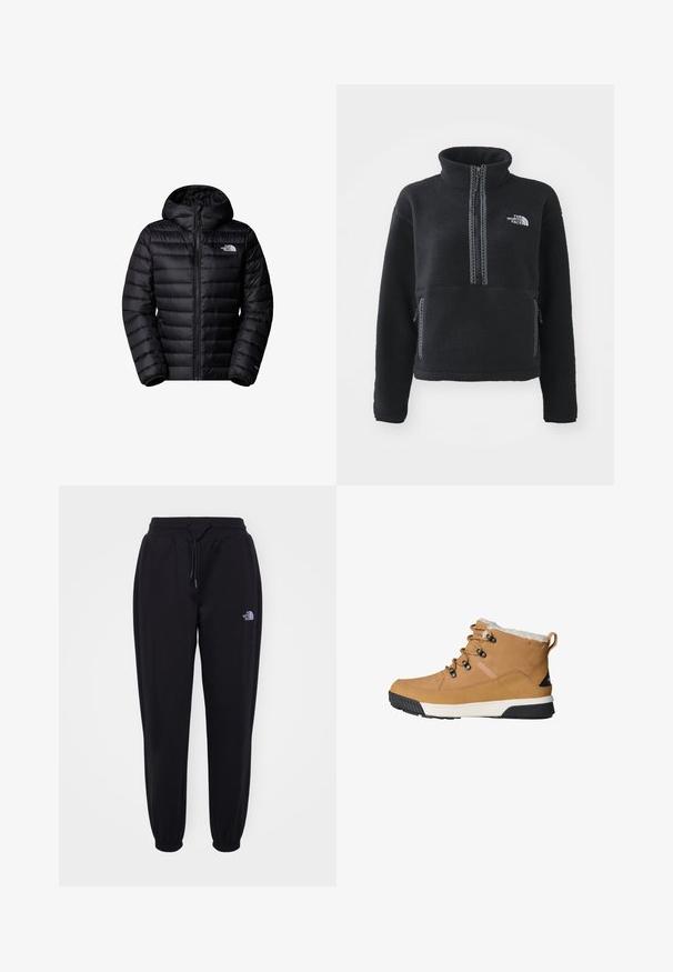 Sort isoleret jakke med hætte, der har lynlås lukning, quiltet design og logo detaljer. Slankt materiale med ribbede mansjetter.; Sort fleecepullover med høj krave, kvartlynlås, frontlomme og kontrastsyninger. Har The North Face-logo på brystet.; Sorte joggingbukser med elastisk talje og manchetter, snoretræk, sidelommer og lille hvid The North Face-logo på højre lår.; Brune ankelstøvler med en tekstureret læderoverdel, fleecefor, runde snørebånd og en gummisål med et sort og hvidt design.