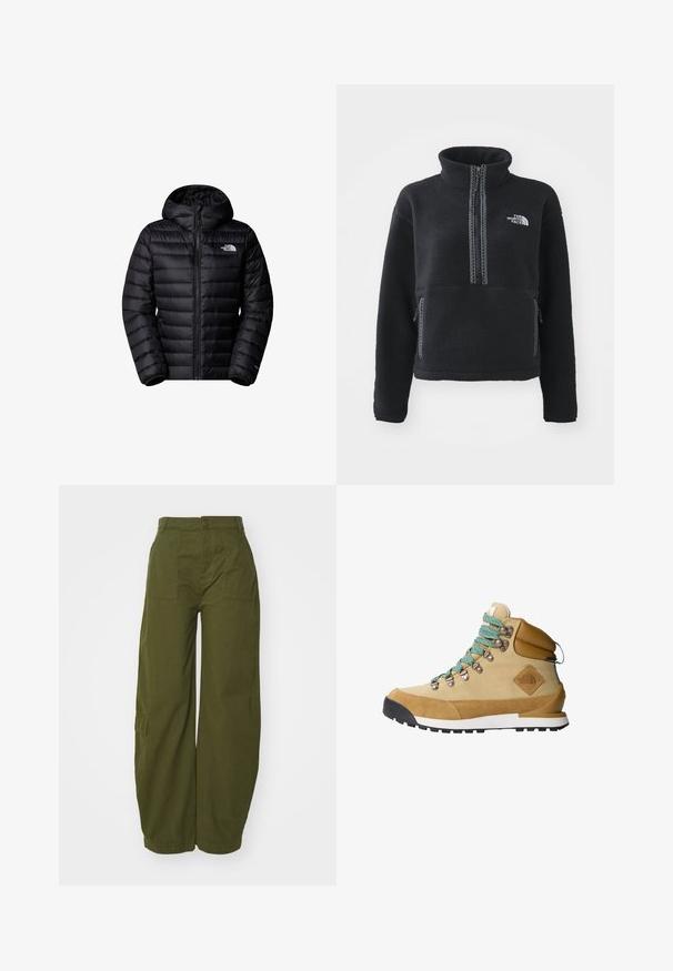 Schwarze isolierte Jacke mit Kapuze, ausgestattet mit einem Reißverschluss, gesteppter Optik und Logopatches. Elegantes Material mit Rippbündchen.; Schwarzer Fleece-Pullover mit hohem Kragen, Viertel-Reißverschluss, Fronttasche und kontrastierenden Nähten. Mit The North Face-Logo auf der Brust.; Olivgrüne Cargohosen aus Baumwolle mit weitem Bein, Fronttaschen und einem Knopfverschluss am Bund.; Beige Wanderschuh mit einem Obermaterial aus Wildleder und Canvas, türkisfarbenen Schnürsenkeln, gepolstertem Schaft und schwarzem Gummisohle mit strukturiertem Grip-Muster.