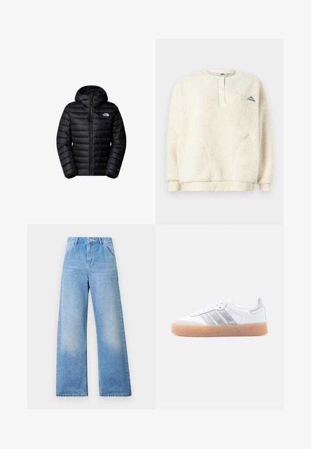 Sort isoleret jakke med hætte, der har lynlås lukning, quiltet design og logo detaljer. Slankt materiale med ribbede mansjetter.; Cremefarvet fleece-pullover med lange ærmer, knappet kraveåbning, ribbede manchetter og kant, samt et lille trekantet logo på brystet.; Lyseblå denimvidde jeans med høj talje, der har to frontlommer og en knaplukning. Rigtig flot finish med minimal falming.; Hvid lavtop-sneaker med gum-gummisål, sølvstribede sideaccents og snørelukning, vist mod en ensfarvet lys baggrund.