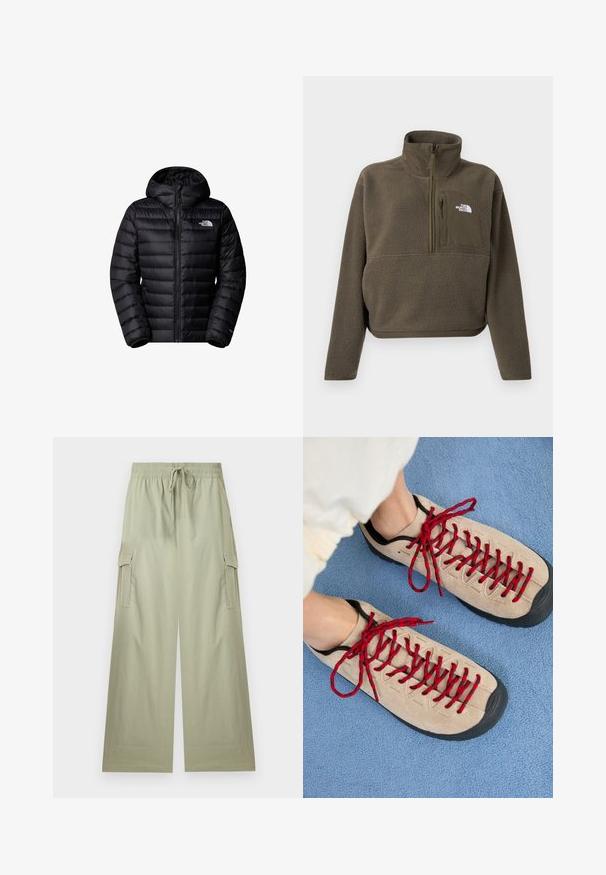 Sort isoleret jakke med hætte, der har lynlås lukning, quiltet design og logo detaljer. Slankt materiale med ribbede mansjetter.; Olivengrøn fleecetrøje med høj krave, kvart lynlås og frontlomme med lynlås. Hvidt logo på brystet. Kort længde.; Lysegrønne cargobukser med vide ben, elastisk talje og snørre, med sidelommer med klap og en afslappet pasform.; Beige sko med røde snørebånd, placeret på en blå tekstureret overflade, delvist synliggørende en persons ankel. Skoene har et sporty design.