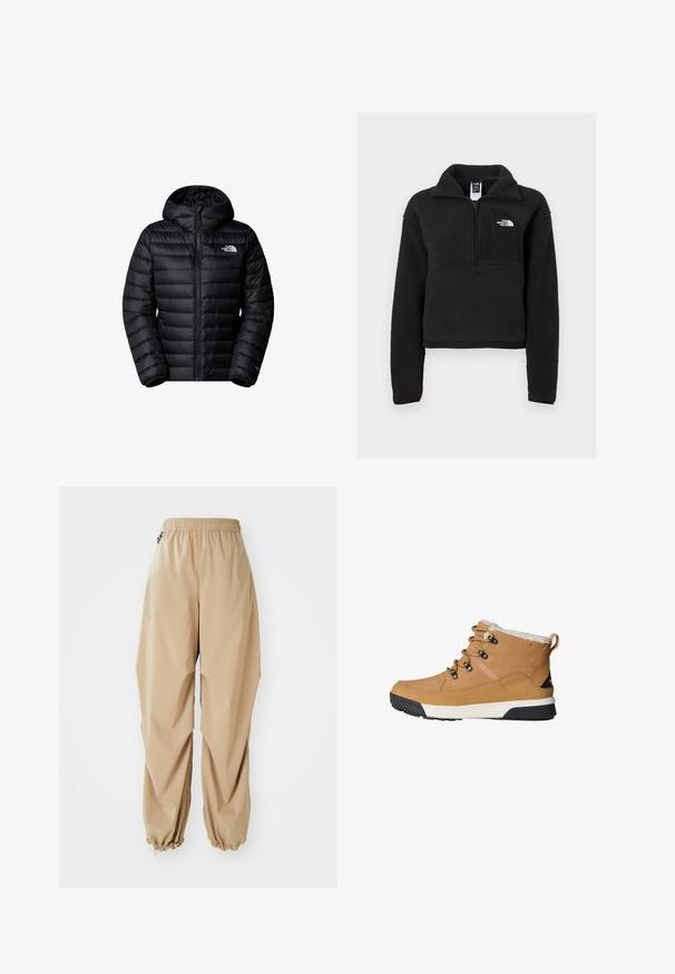Čierna zateplená bunda s kapucňou, so zapínaním na zips, prešívaným dizajnom a logovými akcentmi. Elegantný materiál s rebrovanými manžetami.; Čierny fleece pulóver s kvartovým zipsom, vysokým golierom a hrudným vreckom so bielym logom. Mäkká textúra a skrátený strih.; Bežové ľahké nohavice s elastickým pásom, zúženými manžetami a hladkou textúrou, s voľným strihom a bez viditeľných vzorov alebo ozdôb.; Hnedé členkové topánky s textúrovaným koženým zvrškom, fleecovou podšívkou, okrúhlymi šnúrkami a gumovou podrážkou s čierno-bielym vzorom.