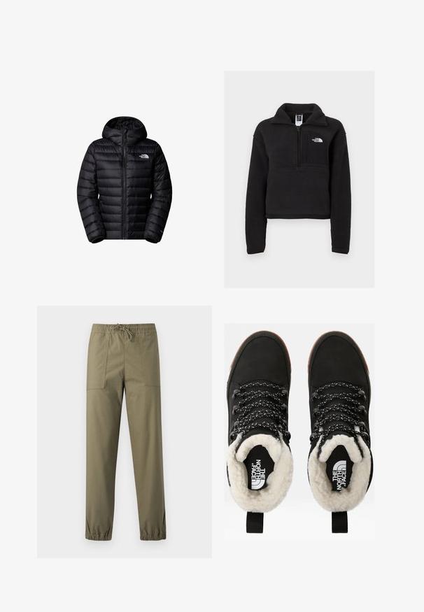 Mustad isolatsiooniga must jope kapuutsiga, varustatud tõmblukuga, tikandiga disain ja logo aktsendid. Sujuv materjal ribakäistega.; Must mustriga pullover, millel on veerandi tõmblukk, kõrge krae ja rinnaeelik, millel on valge logo. Pehme tekstuur ja lühendatud disain.; Õlivahelised püksid, mis on valmistatud siledast kangast, elastse vöökoha, reguleeritava nööriga ja elastsete mansettidega pahkluude juures.; Mustad musta veekindlad pahkluu saapad, faux karusnahast voodriga, tekstureeritud kangaga, valgete ja mustade mustritega paeltega ning kannal tõmbetabaga.
