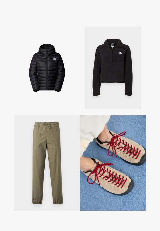 Veste noire isolée avec capuche, dotée d'une fermeture éclair, d'un design matelassé et d'accents de logo. Matériau élégant avec des poignets côtelés.; Pull en polaire noir avec une fermeture éclair quart, col haut et une poche poitrine arborant un logo blanc. Texture douce et design court.; Pantalon vert olive en tissu lisse avec une ceinture élastique, un cordon de serrage ajustable et des poignets élastiques aux chevilles.; Des chaussures beiges avec des lacets rouges, posées sur une surface bleue texturée, révèlent partiellement la cheville d'une personne. Les chaussures ont un design sportif.