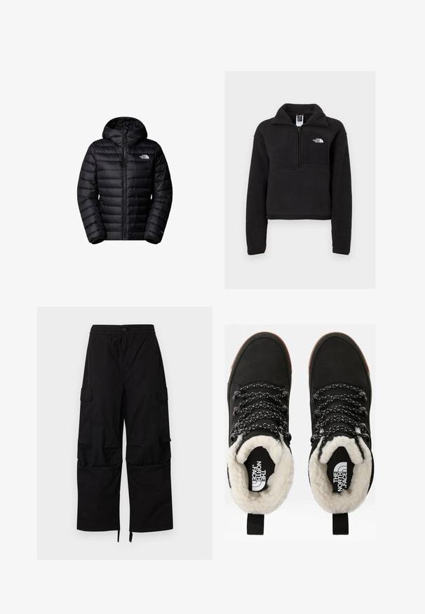 Čierna zateplená bunda s kapucňou, so zapínaním na zips, prešívaným dizajnom a logovými akcentmi. Elegantný materiál s rebrovanými manžetami.; Čierny fleece pulóver s kvartovým zipsom, vysokým golierom a hrudným vreckom so bielym logom. Mäkká textúra a skrátený strih.; Čierne pracovné nohavice s elastickým pásom, zapínaním na gombík, bočnými vreckami s klopami a širokými rovnými nohavicami s nastaviteľnými lemy.; Čierne nepremokavé členkové topánky s umelou kožušinou vo vnútri, textúrovaný materiál, biele a čierne šnúrky so vzorom a pútko na päte.