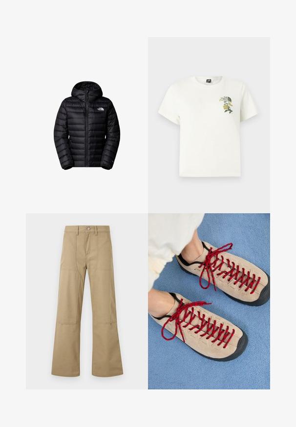 Sort isoleret jakke med hætte, der har lynlås lukning, quiltet design og logo detaljer. Slankt materiale med ribbede mansjetter.; Hvid bomuld T-shirt med korte ærmer. Indeholder grøn og gul blomsterbroderi på venstre bryst, inklusiv logo. Almindelig pasform.; Beige bukser med høj talje og brede ben, udstyret med forlommer, bæltestropper og knaplukning. Enkel, holdbar stof med synlige sømme.; Beige sko med røde snørebånd, placeret på en blå tekstureret overflade, delvist synliggørende en persons ankel. Skoene har et sporty design.