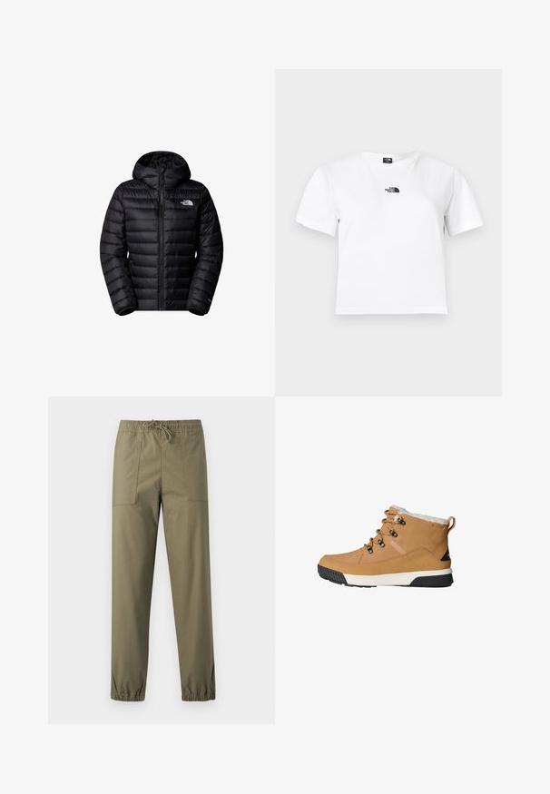Sort isoleret jakke med hætte, der har lynlås lukning, quiltet design og logo detaljer. Slankt materiale med ribbede mansjetter.; Hvid bomulds t-shirt med korte ærmer, rund hals og et sort The North Face-logo på brystet. Enkel, udekoreret design.; Olivengrønne bukser lavet af et glat stof med elastisk taljebånd, justerbar snor og elastiske manchetter ved anklerne.; Brune ankelstøvler med en tekstureret læderoverdel, fleecefor, runde snørebånd og en gummisål med et sort og hvidt design.
