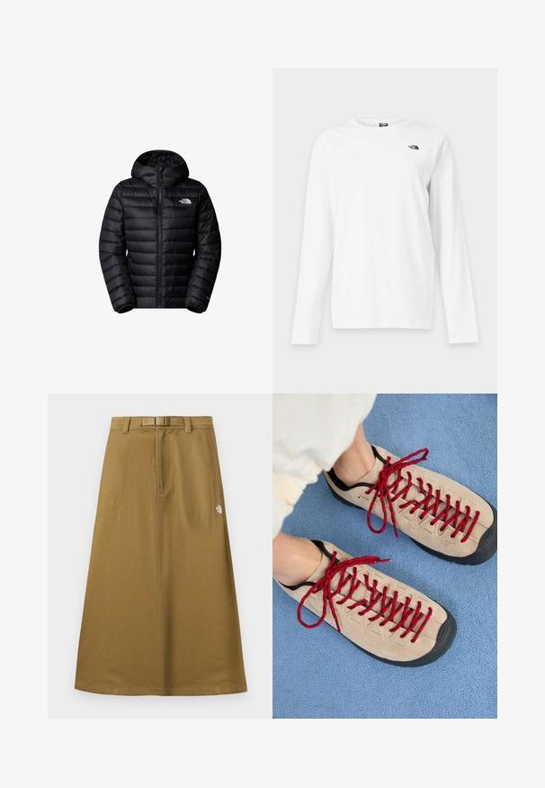 Sort isoleret jakke med hætte, der har lynlås lukning, quiltet design og logo detaljer. Slankt materiale med ribbede mansjetter.; Hvid langærmet T-shirt med rund hals og lille sort The North Face-logo på venstre bryst.; Lang, lysebrun udendørsskjørt med forlommer, integreret bælte og The North Face-logo på højre side.; Beige sko med røde snørebånd, placeret på en blå tekstureret overflade, delvist synliggørende en persons ankel. Skoene har et sporty design.