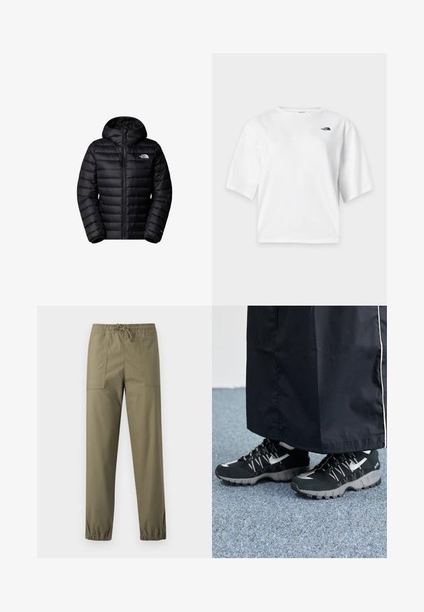 Sort isoleret jakke med hætte, der har lynlås lukning, quiltet design og logo detaljer. Slankt materiale med ribbede mansjetter.; Hvid T-shirt med korte ærmer og rund hals med The North Face-logo i sort på venstre bryst.; Olivengrønne bukser lavet af et glat stof med elastisk taljebånd, justerbar snor og elastiske manchetter ved anklerne.; Sorte sportsko med en struktureret overdel, sølvdetaljer og en mønstret ydersål, parret med et langt sort plagg. Sat mod blå tæpper.