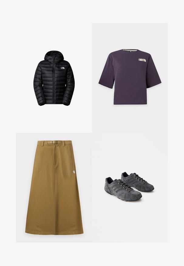 Sort isoleret jakke med hætte, der har lynlås lukning, quiltet design og logo detaljer. Slankt materiale med ribbede mansjetter.; Lilla kortærmet croppet t-shirt med en lille beige The North Face-logo på øverste venstre bryst.; Lang, lysebrun udendørsskjørt med forlommer, integreret bælte og The North Face-logo på højre side.; Sorte ruskind atletik sko med en tekstureret overflade, buet design og gummisåler. Har snører og vandrette striber på siderne.