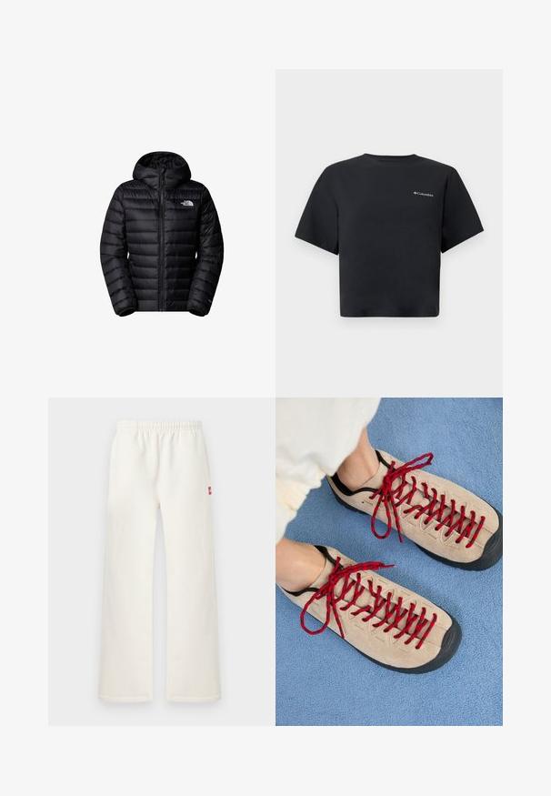 Sort isoleret jakke med hætte, der har lynlås lukning, quiltet design og logo detaljer. Slankt materiale med ribbede mansjetter.; Sort kortærmet crop-top t-shirt med lille hvidt Columbia-logo på venstre bryst, rund halsudskæring og enkelt design mod en hvid baggrund.; Cremefarvede bukser med lige ben, elastisk talje og lille rødt mærke på højre side, vist mod en ensartet lys baggrund.; Beige sko med røde snørebånd, placeret på en blå tekstureret overflade, delvist synliggørende en persons ankel. Skoene har et sporty design.