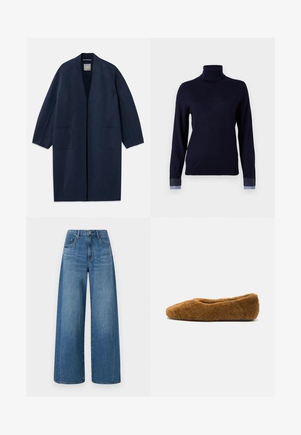 Mørkeblå lang frakke med løs pasform, brede ærmer, V-hals og to forlommer. Lavet af et glat, struktureret stof.; Marineblå turtleneck sweater i et blødt stof, med lange ærmer og denim-lignende detaljer ved manchetterne, med en tætsiddende design.; Bredde ben blå jeans med en mellem vask, der har høj talje, fem lommer og subtile slidmærker. Lavet af denim med en glat tekstur.; Brune, fuzzy balletflade med en rund tå og blød tekstur. Lav profil med blødt overdel og sort sål.