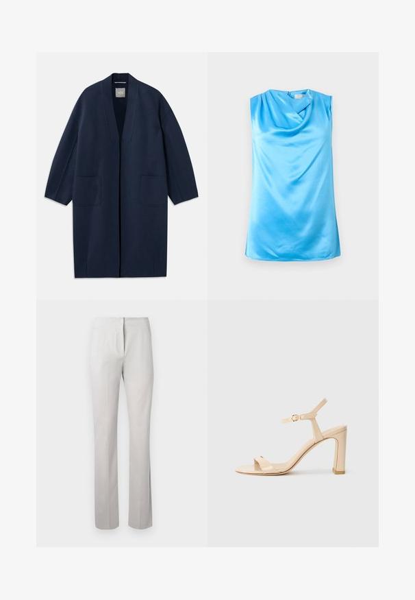 Marineblauwe lange jas met een losse pasvorm, wijde mouwen, V-hals en twee voorzakken. Gemaakt van een gladde, gestructureerde stof.; Mouwloze lichtblauwe satijnen blouse met gedrapeerde col halslijn en ritssluiting aan de achterkant.; Lichtgrijze, op maat gemaakte broek met een gladde textuur, rechte pijpen en een gemiddelde taillehoogte. Voorzien van een ritssluiting aan de voorkant en zijzakken.; Beige hoge hak sandaal met enkelbandje en gouden gesp, open teen, en blokhak op een witte achtergrond.