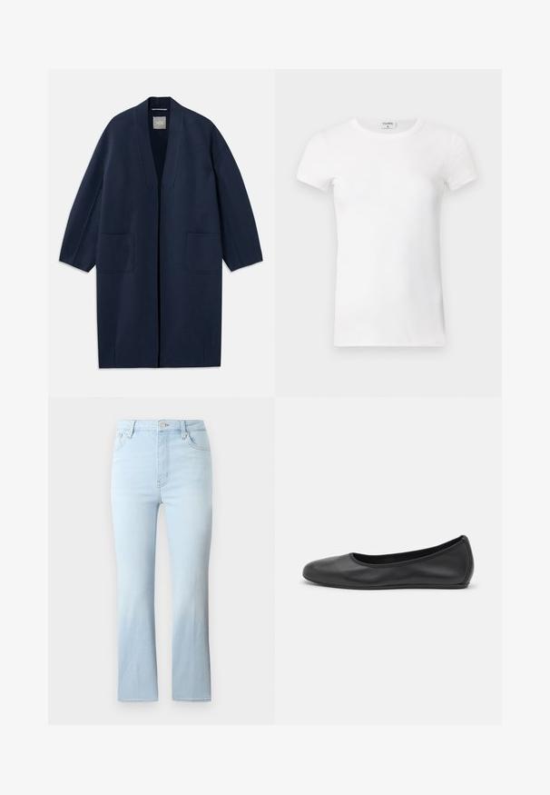 Abrigo largo azul marino con un corte holgado, mangas anchas, escote en V y dos bolsillos frontales. Hecho de una tela suave y texturada.; Camiseta blanca de manga corta y con cuello redondo, de tejido acanalado. La tela parece suave y tiene una silueta ajustada. Etiqueta de marca visible en el cuello.; FRAME THE REBOOT CROP - Vaqueros bootcut - light blue; Bailarina de piel negra con punta redondeada, textura suave, detalle de costura minimalista y diseño de suela flexible.