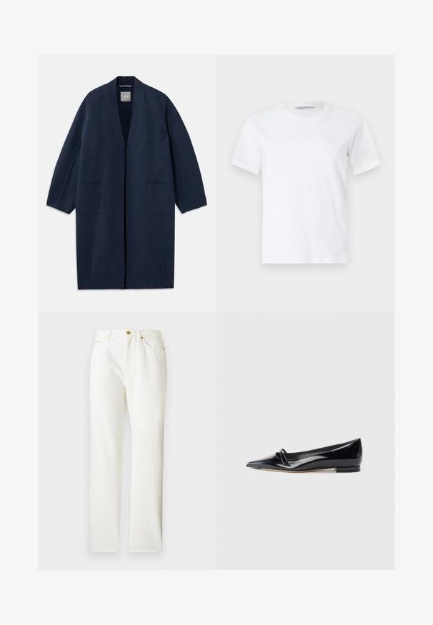 Marineblauwe lange jas met een losse pasvorm, wijde mouwen, V-hals en twee voorzakken. Gemaakt van een gladde, gestructureerde stof.; Effen wit T-shirt met korte mouwen en ronde hals, plat gelegd op een lichte achtergrond, vooraanzicht met een klein zichtbaar merketiket in de kraag.; Witte denim broek met een rechte pijpdesign, voorzien van een voorste knoopsluiting en subtiele textuur. Inclusief zijzakken en minimale hardware.; Zwarte gepatenteerde leren platte schoen met een puntige neus, een kleine decoratieve band en een lage blokhak. Gladde textuur en strak ontwerp.
