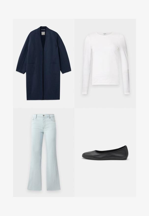 Marineblauer langer Mantel mit lockerer Passform, weiten Ärmeln, V-Ausschnitt und zwei Fronttaschen. Hergestellt aus einem glatten, strukturierten Stoff.; Weißes Langarm-T-Shirt aus weicher Baumwolle, mit rundem Halsausschnitt und schmalem Schnitt, sauberen Nähten und ohne sichtbare Muster.; Helle blaue, ausgestellte Jeans aus Denim. Verfügt über ein klassisches Fünf-Taschen-Design und einen Frontknopfverschluss. Glatte Textur über das gesamte Material.; Schwarze Leder-Ballettschuhe mit abgerundeter Spitze, glatter Textur, minimalen Nähdetails und einem flexiblen Sohlen-Design.