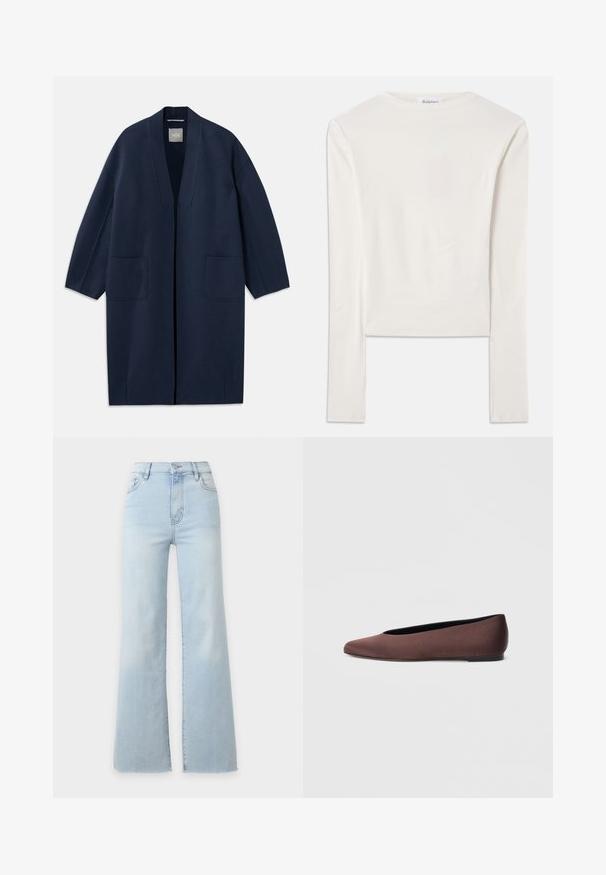 Marineblauwe lange jas met een losse pasvorm, wijde mouwen, V-hals en twee voorzakken. Gemaakt van een gladde, gestructureerde stof.; Witte lange mouw top van katoen, met een eenvoudige ronde hals en een slim fit. De stof is glad met een lichte stretch.; Lichtblauwe high-waisted spijkerbroek met wijde pijpen, vooraan knopen en rits, en voorzakken, weergegeven op een effen achtergrond.; Bruine stoffen balletschoenen met een puntige neus en een gladde textuur, voorzien van een lage achterkant en een dunne zwarte zool. Geen zichtbare patronen of metalen onderdelen.