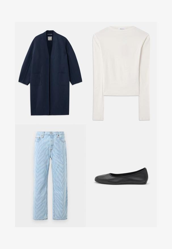 Marineblauwe lange jas met een losse pasvorm, wijde mouwen, V-hals en twee voorzakken. Gemaakt van een gladde, gestructureerde stof.; Witte lange mouw top van katoen, met een eenvoudige ronde hals en een slim fit. De stof is glad met een lichte stretch.; Lichtblauwe rechte jeans met subtiel zebrapatroon, knoop- en ritssluiting, en vijf zakken.; Zwarte leren ballerina met een ronde neus, gladde textuur, minimale stikdetails en een flexibele zoolontwerp.
