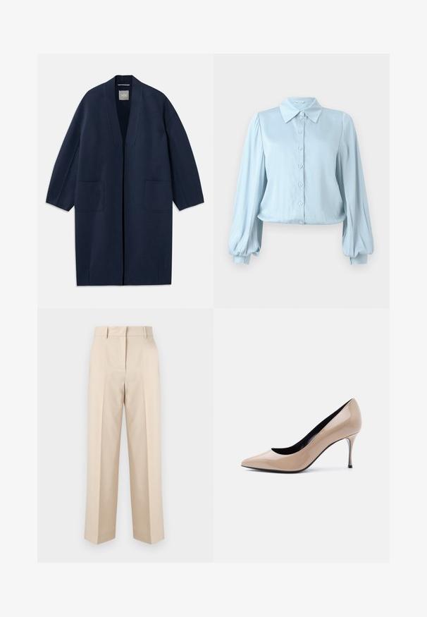 Mørkeblå lang frakke med løs pasform, brede ærmer, V-hals og to forlommer. Lavet af et glat, struktureret stof.; Hofmann Copenhagen FLORA - Skjortebluser - lavender blue; Beige højtaljede skræddersyede bukser med bæltestropper og lige ben, vist mod en ensartet hvid baggrund.; Beige laklæder peep-toe højhælet sko med smal stilet-hæl og sort inderfor på hvid baggrund.