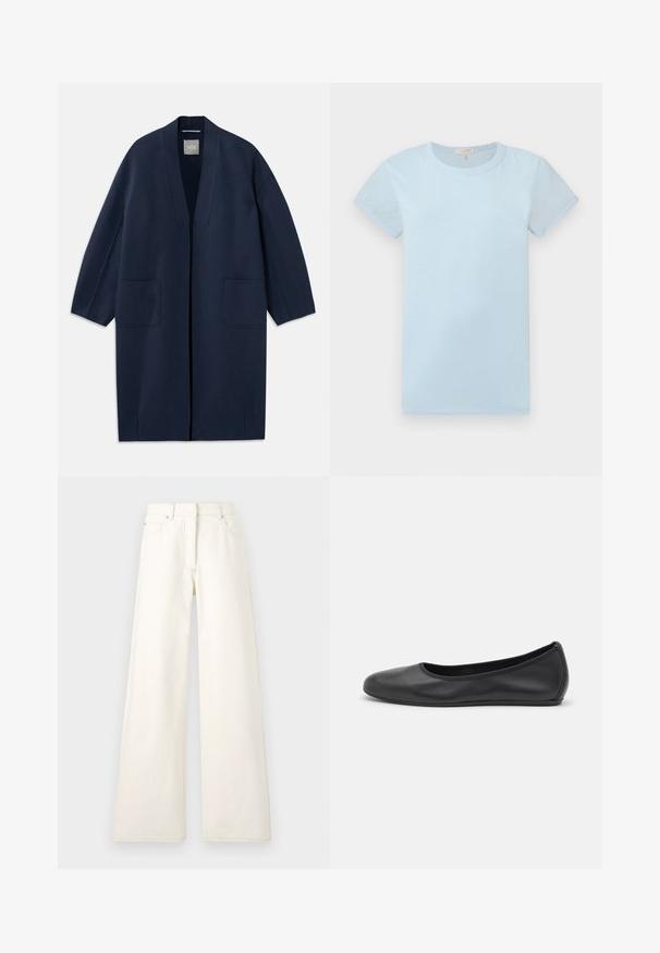 Mørkeblå lang frakke med løs pasform, brede ærmer, V-hals og to forlommer. Lavet af et glat, struktureret stof.; rag & bone T-shirts basic - raindrop; Bredde ben, cremefarvede bukser lavet af denim med synlige sting og lommer. Designet har en høj talje og en lige skåret silhuet.; Sort læderballetsko med rund tå, glat tekstur, minimal syning og et fleksibelt såldesign.