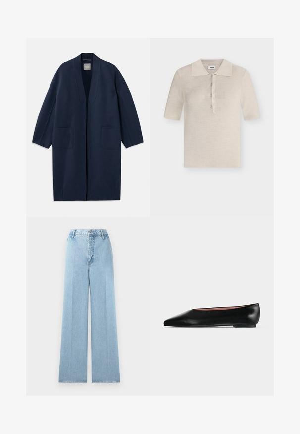 Mørkeblå lang frakke med løs pasform, brede ærmer, V-hals og to forlommer. Lavet af et glat, struktureret stof.; Modström HIROKIMD - Poloshirts - summer sand; Lyseblå bredbenede jeans lavet af denim med høj talje, som har fem bæltestropper, en frontknaplukning og stikninger.; Sort damesko i læder med flad hæl og spids tå, vist fra siden på en ensfarvet lys grå baggrund.