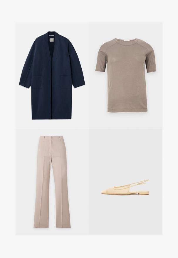Abrigo largo azul marino con un corte holgado, mangas anchas, escote en V y dos bolsillos frontales. Hecho de una tela suave y texturada.; Camiseta beige de manga corta con cuello redondo acanalado y costuras visibles en las mangas y el cuello, mostrada extendida sobre un fondo blanco.; Pantalones beige de pierna recta con presillas para cinturón y pliegue frontal, mostrados extendidos sobre un fondo blanco.; Zapato plano tipo slingback en beige claro con parte superior de malla, punta afilada y tacón bajo. Cuenta con una correa ajustable para un mejor ajuste.