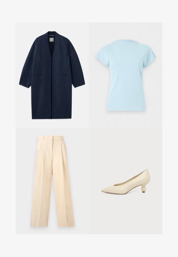 Marineblauer langer Mantel mit lockerer Passform, weiten Ärmeln, V-Ausschnitt und zwei Fronttaschen. Hergestellt aus einem glatten, strukturierten Stoff.; Hellblaues T-Shirt mit kurzen Ärmeln und Rundhalsausschnitt, flach liegend dargestellt, ohne sichtbare Logos oder Muster auf weißem Hintergrund.; Beige Hosen mit weitem Bein, Vorne mit Falten, Gürtelschlaufen, Seitentaschen und einem verdeckten Vorderreißverschluss.; Damenpumps in cremefarben mit spitz zulaufender Schuhspitze und niedrigem, kugelförmigem Absatz vor einfarbigem Hintergrund.