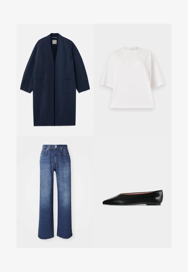 Marineblauwe lange jas met een losse pasvorm, wijde mouwen, V-hals en twee voorzakken. Gemaakt van een gladde, gestructureerde stof.; Witte oversized T-shirt met korte mouwen, ronde hals en afgezakte schouders op een lichtgrijze achtergrond.; Wijd-uitlopende blauwe spijkerbroek met een hoge taille, vijf zakken en een zilveren knoopsluiting. De stof heeft een gladde textuur met subtiele vervaging.; Zwarte leren damesschoen met platte zool, puntige neus en lage hak, zijwaarts afgebeeld tegen een effen lichtgrijze achtergrond.