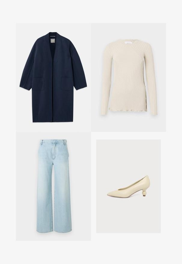 Marineblauer langer Mantel mit lockerer Passform, weiten Ärmeln, V-Ausschnitt und zwei Fronttaschen. Hergestellt aus einem glatten, strukturierten Stoff.; Rabanne Langarmshirt - ecru; Helle blaue weite Jeans aus Denim. Merkmale sind eine hohe Taille, ein Fünf-Taschen-Design und dezentes Ausbleichen mit einem sauberen Saum.; Cremefarbener Pumps mit spitzer Spitze und niedrigem, einzigartigem birnenförmigem Absatz auf schlichten weißem Hintergrund.