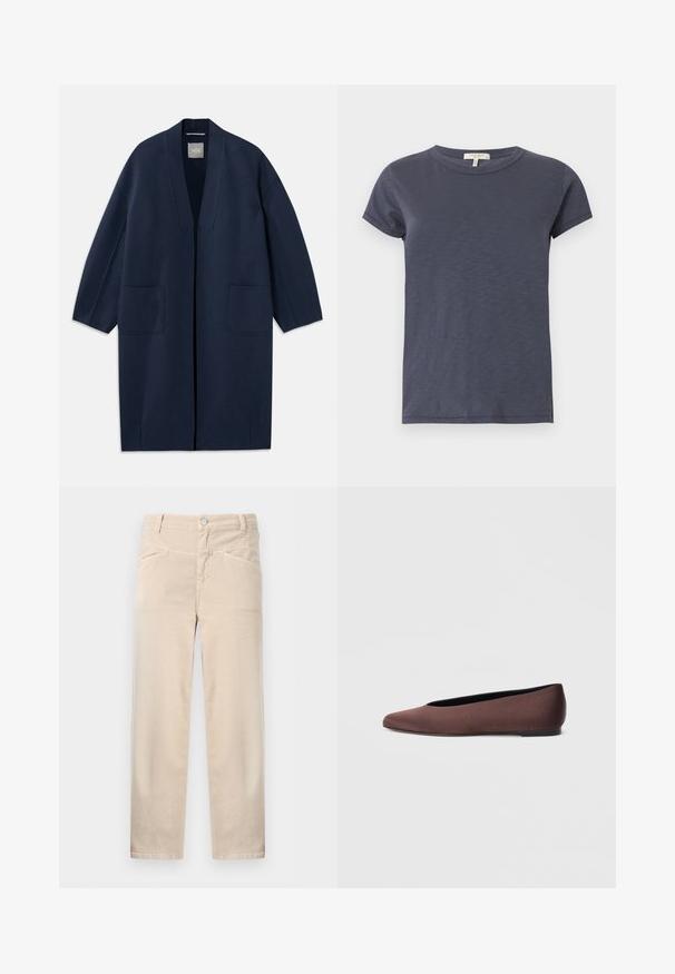 Abrigo largo azul marino con un corte holgado, mangas anchas, escote en V y dos bolsillos frontales. Hecho de una tela suave y texturada.; Camiseta azul marino de manga corta con cuello redondo y dobladillo recto, confeccionada en tejido ligero de algodón.; Pantalones beige de cintura alta y pierna recta, con cierre frontal de botón y cremallera, trabillas para cinturón y dos bolsillos delanteros.; Zapatillas de ballet de tela marrón con punta puntiaguda y textura suave, con parte trasera baja y suela negra fina. Sin patrones visibles ni elementos metálicos.