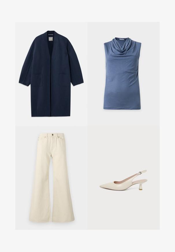 Marineblauer langer Mantel mit lockerer Passform, weiten Ärmeln, V-Ausschnitt und zwei Fronttaschen. Hergestellt aus einem glatten, strukturierten Stoff.; Ärmelloses blaues Top mit drapiertem Wasserfallausschnitt, aus weichem Stoff, flach vor hellem Hintergrund präsentiert.; Hellbeige weite Jeans aus Baumwolle. Besitzt eine hohe Taille, fünf Taschen und einen Knopfverschluss mit kontrastierenden Nahtdetails.; Slingback-Schuh in Creme mit spitzer Schuhspitze, kleinem geschwungenem Kittenabsatz und verstellbarem Schnallenriemen.