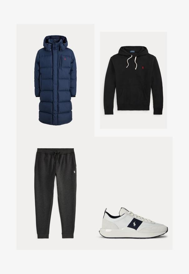 Navyblå lang dynejakke med hætte, frontlynlås, trykknapper, sidelommer og lille rødt logo på brystet.; Sort hættetrøje med hvide snørebånd, frontlomme og lille rødt Polo Ralph Lauren-logo på brystet.; Mørkegrå afslappede joggingbukser med justerbar snøre i taljen og et lille hvidt Polo-logo på det øverste venstre lår.; Hvid og marineblå sneaker med snørebånd foran, sort sål og Polo Ralph Lauren-logo på den marineblå sideliste.