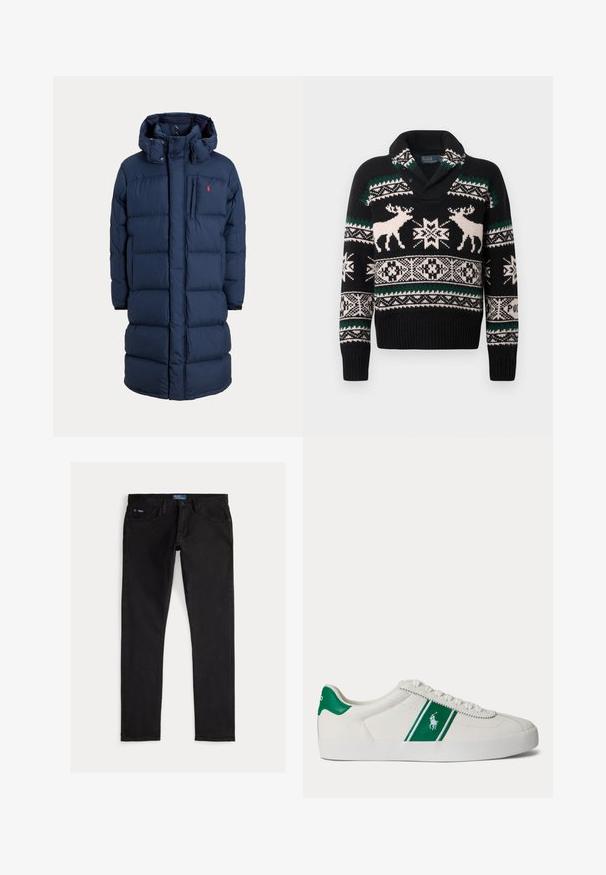 Marineblauwe lange donsjas met capuchon, ritssluiting aan de voorkant, drukknoopjes, zijzakken en klein rood logo op de borst.; Zwarte gebreide trui met witte en groene Noorse patronen, met twee witte rendieren en geometrische sneeuwvlokontwerpen op de borst en mouwen.; Zwarte denim jeans met een slim fit, voorzien van vijf zakken, riemlussen en een blauw merkembleem op de tailleband. Glad, duurzaam materiaal.; Witte lage sneaker met groene streep en Polo-logo aan de zijkant, groene hieltab en witte veters, vanaf de linkerkant getoond op een effen achtergrond.
